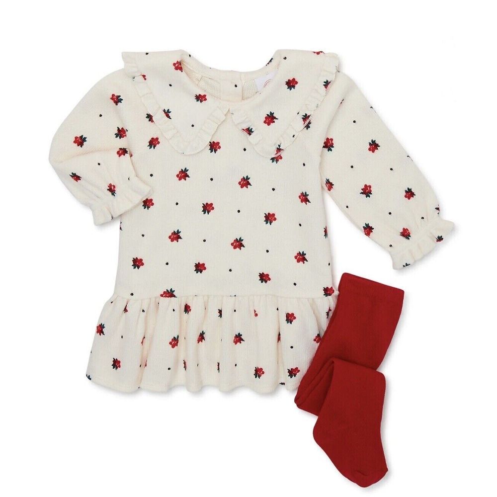 Wonder Nation baby Girl Dress Tights Set Outfit 3-6M Christmas Holiday Floral